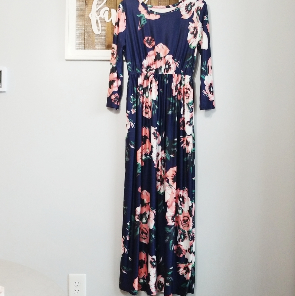 Long navy blue Floral Dress medium